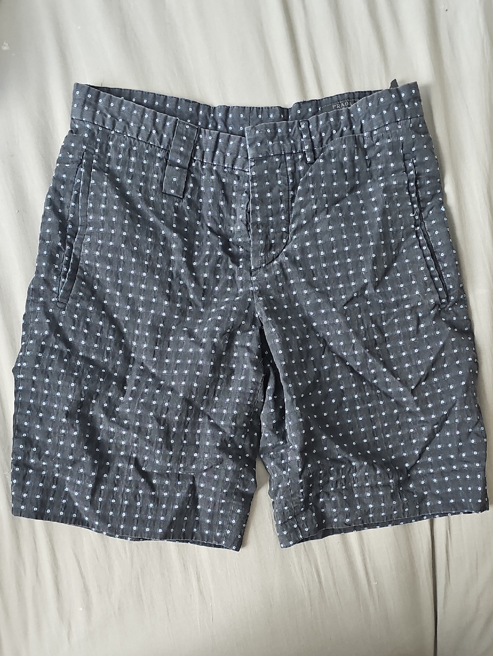 Prada Italy tailored flat front pocket short pants embroidered
